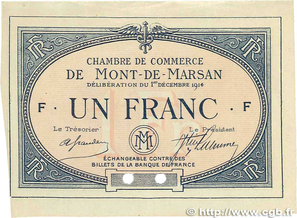 1 Franc Spécimen FRANCE regionalism and various Mont-De-Marsan 1914 JP.082.06 VF
