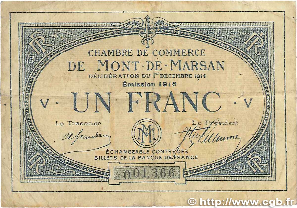 1 Franc FRANCE regionalism and various Mont-De-Marsan 1914 JP.082.15 VG