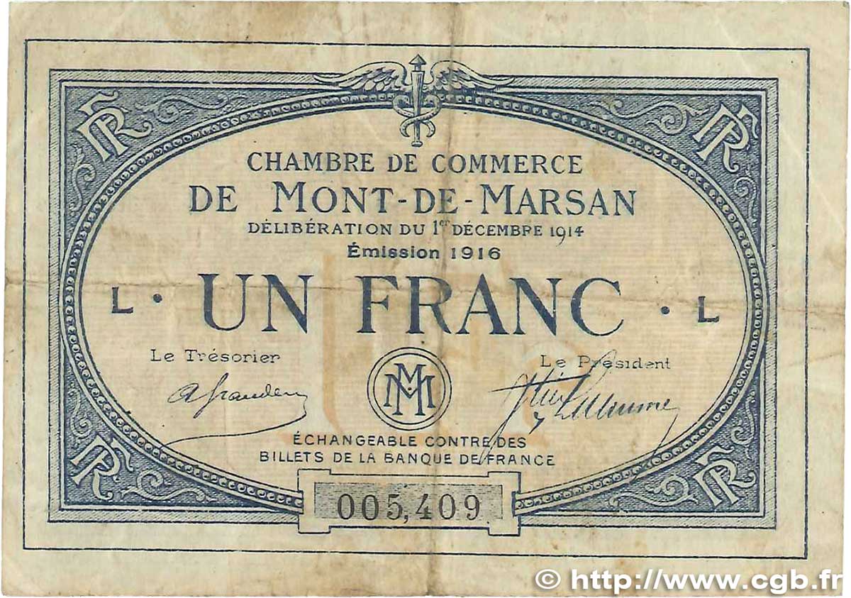 1 Franc FRANCE regionalismo y varios Mont-De-Marsan 1914 JP.082.15 BC