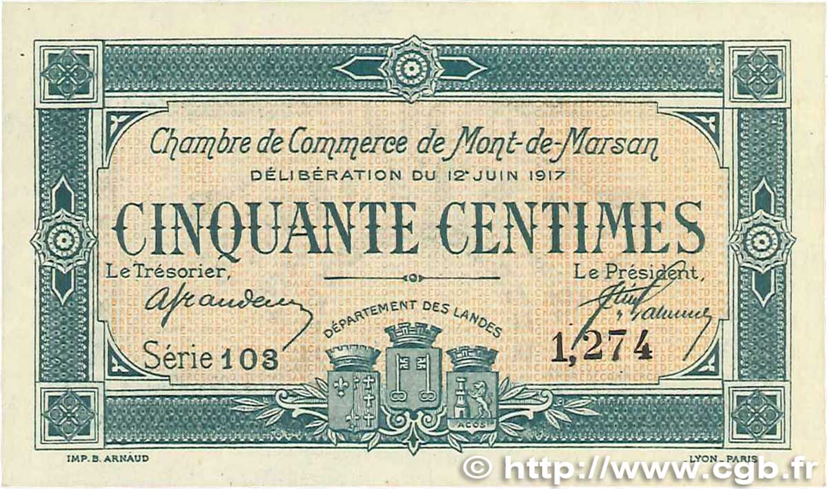 50 Centimes FRANCE regionalism and miscellaneous Mont-De-Marsan 1917 JP.082.18 XF+