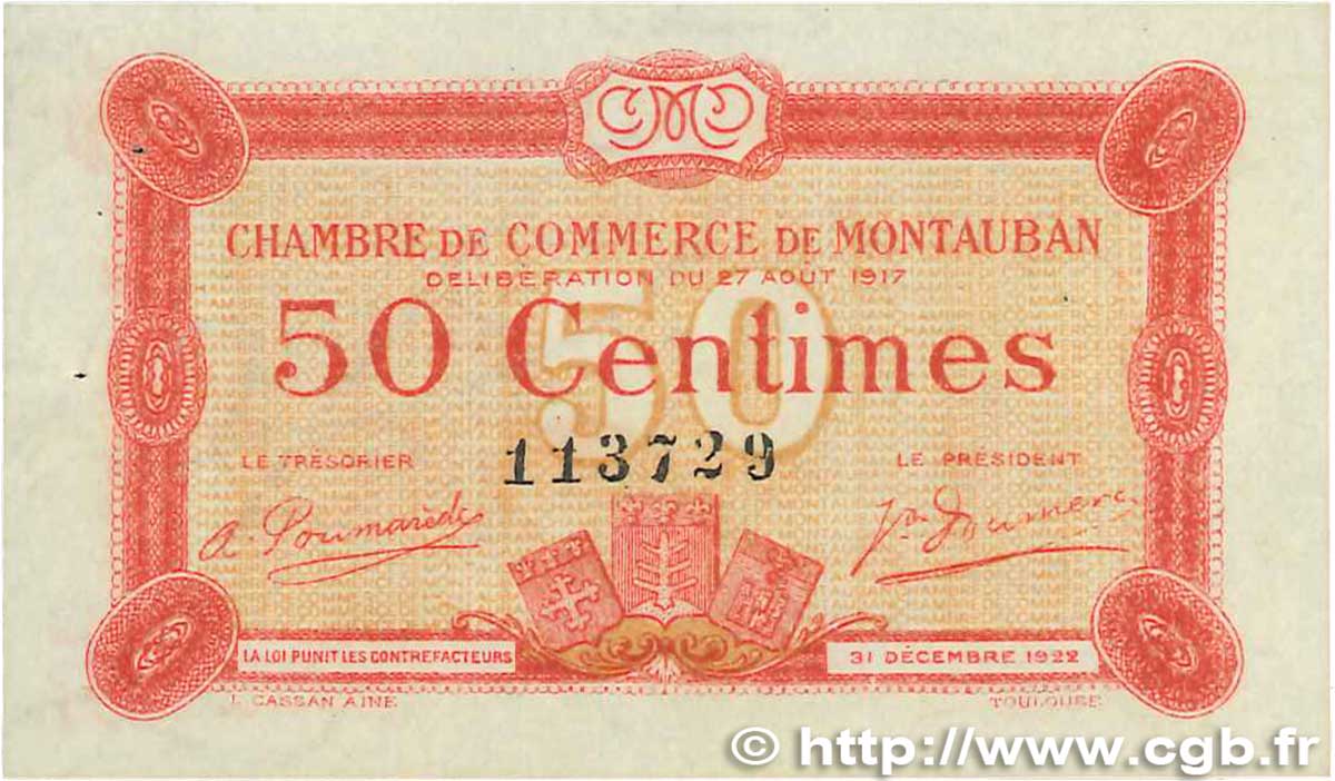 50 Centimes FRANCE Regionalismus und verschiedenen Montauban 1917 JP.083.13 VZ