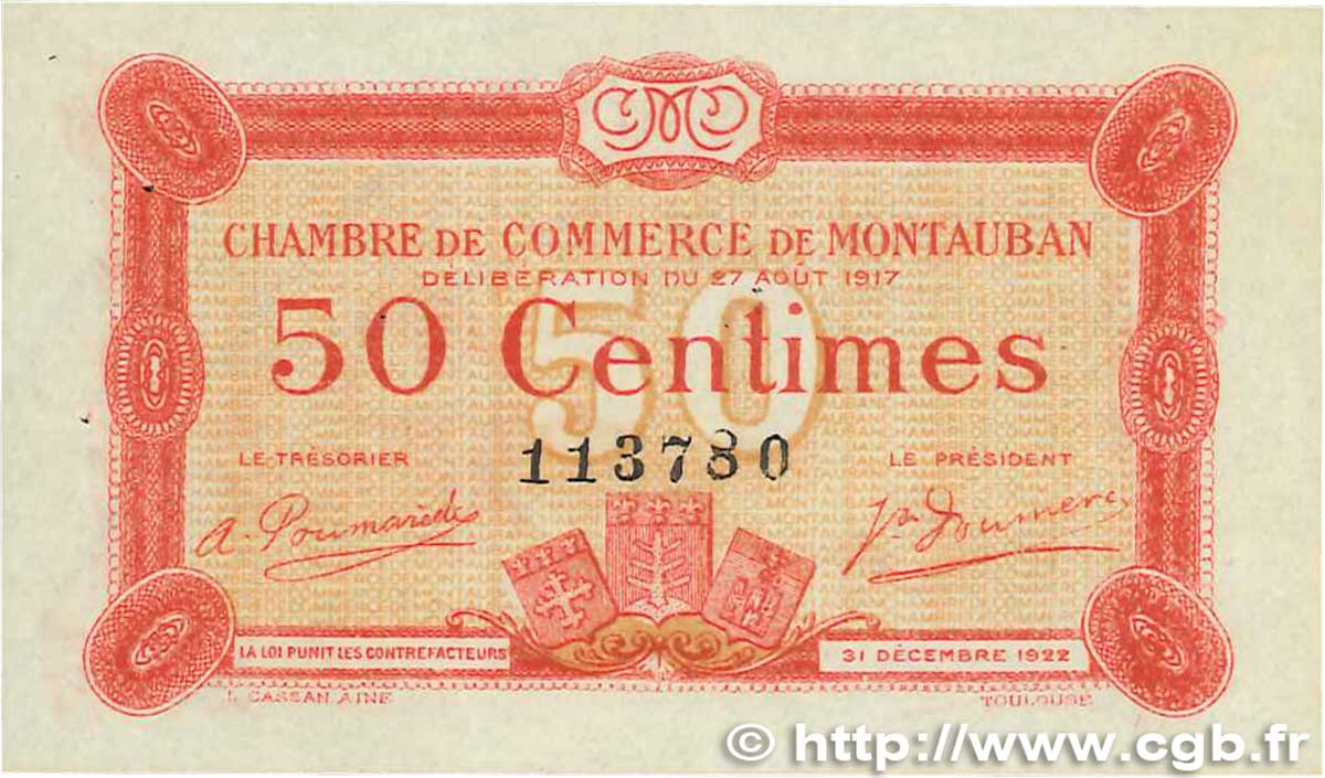 50 Centimes FRANCE regionalism and miscellaneous Montauban 1917 JP.083.13 AU