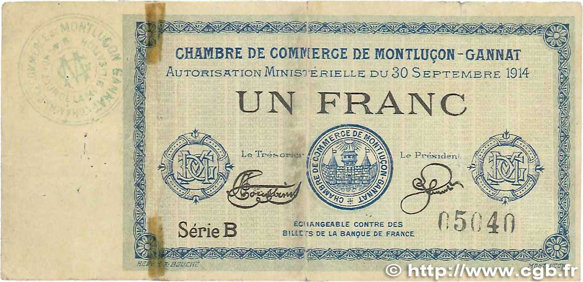 1 Franc FRANCE Regionalismus und verschiedenen Montluçon, Gannat 1914 JP.084.05 fS