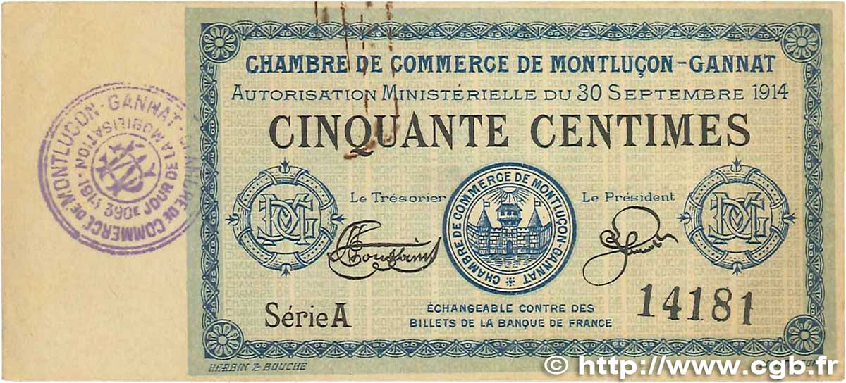 50 Centimes FRANCE Regionalismus und verschiedenen Montluçon, Gannat 1914 JP.084.07 VZ