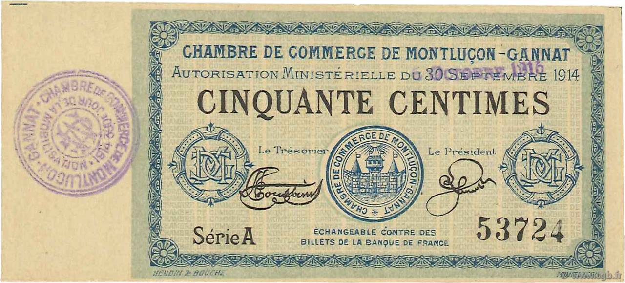 50 Centimes FRANCE regionalismo y varios Montluçon, Gannat 1914 JP.084.10 SC