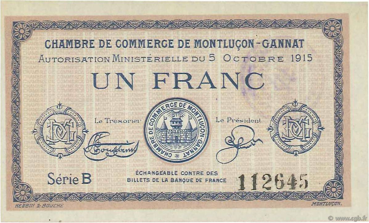 1 Franc FRANCE regionalism and miscellaneous  1915 JP.084.15var. UNC-