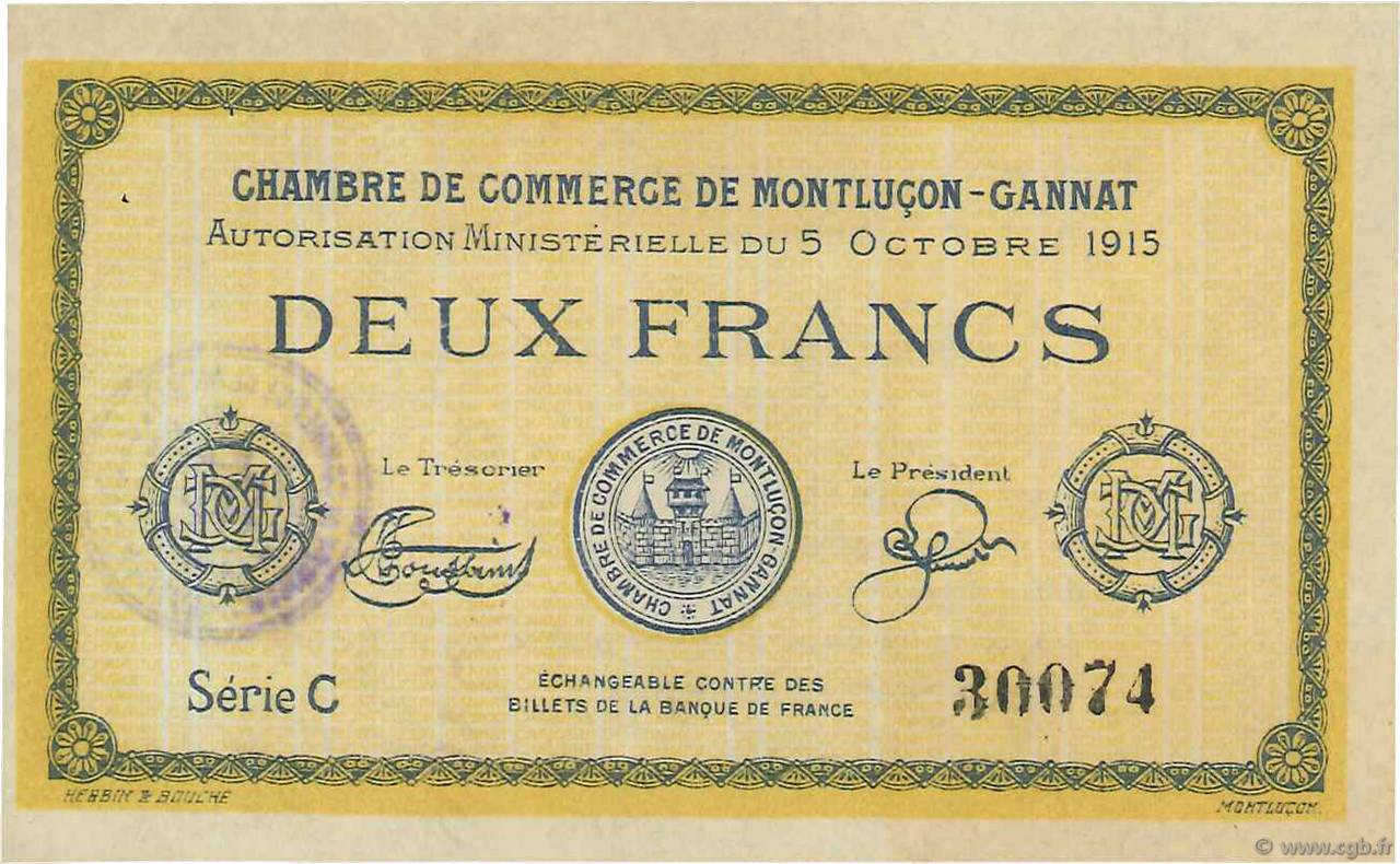2 Francs FRANCE regionalism and various Montluçon, Gannat 1915 JP.084.18 VF+