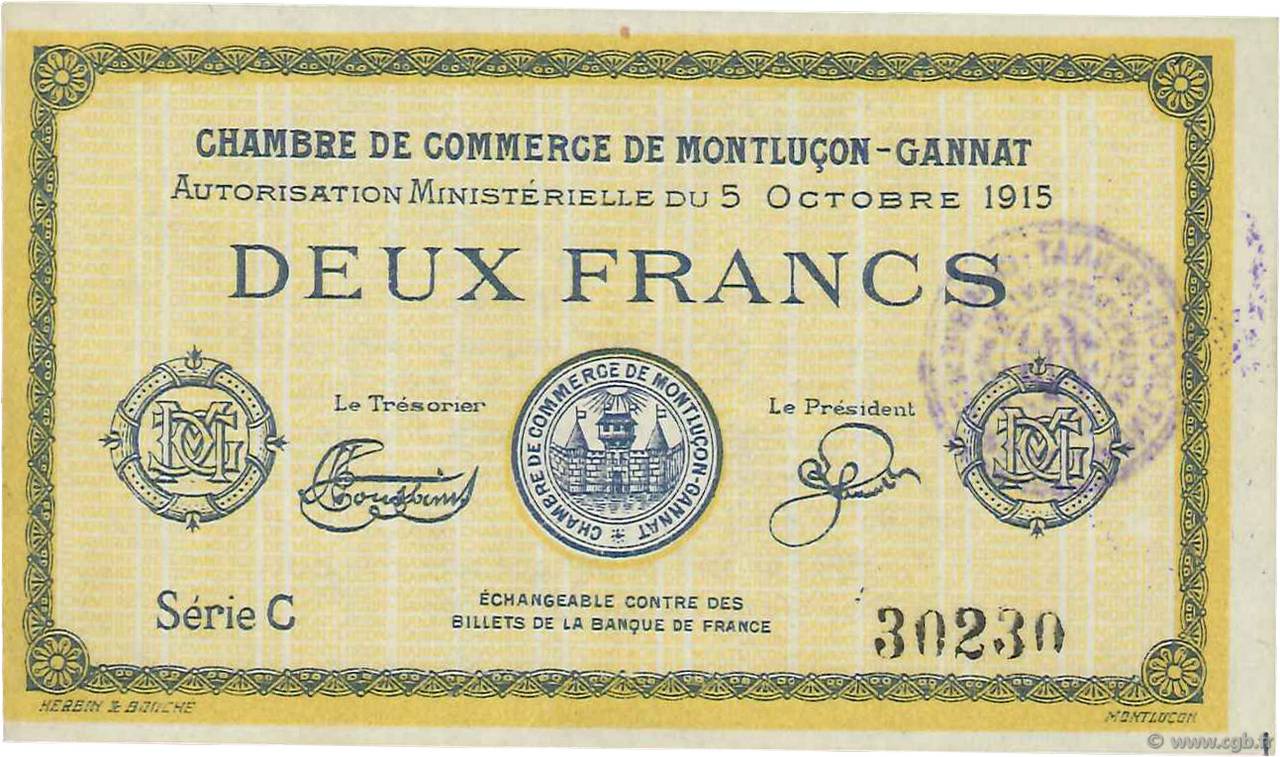 2 Francs FRANCE regionalism and various Montluçon, Gannat 1915 JP.084.18 UNC-