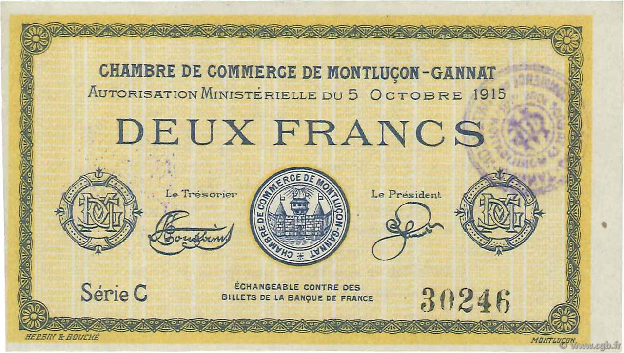 2 Francs FRANCE regionalismo e varie Montluçon, Gannat 1915 JP.084.18 FDC