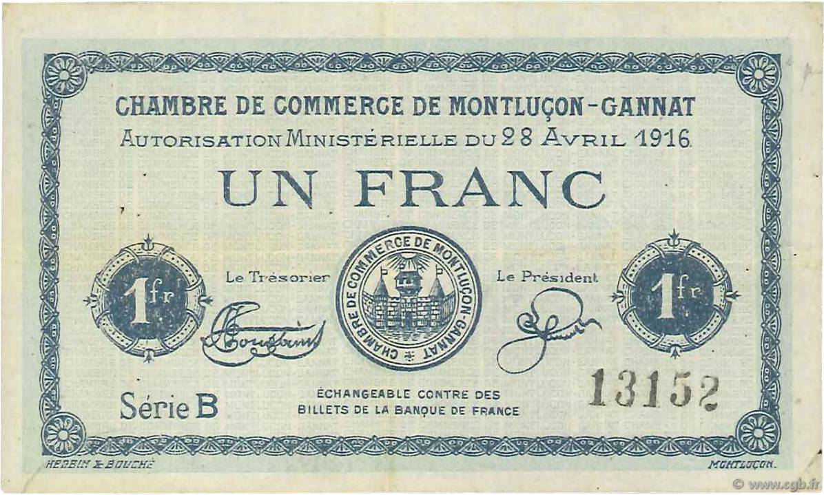 1 Franc FRANCE regionalismo y varios Montluçon, Gannat 1916 JP.084.23 BC