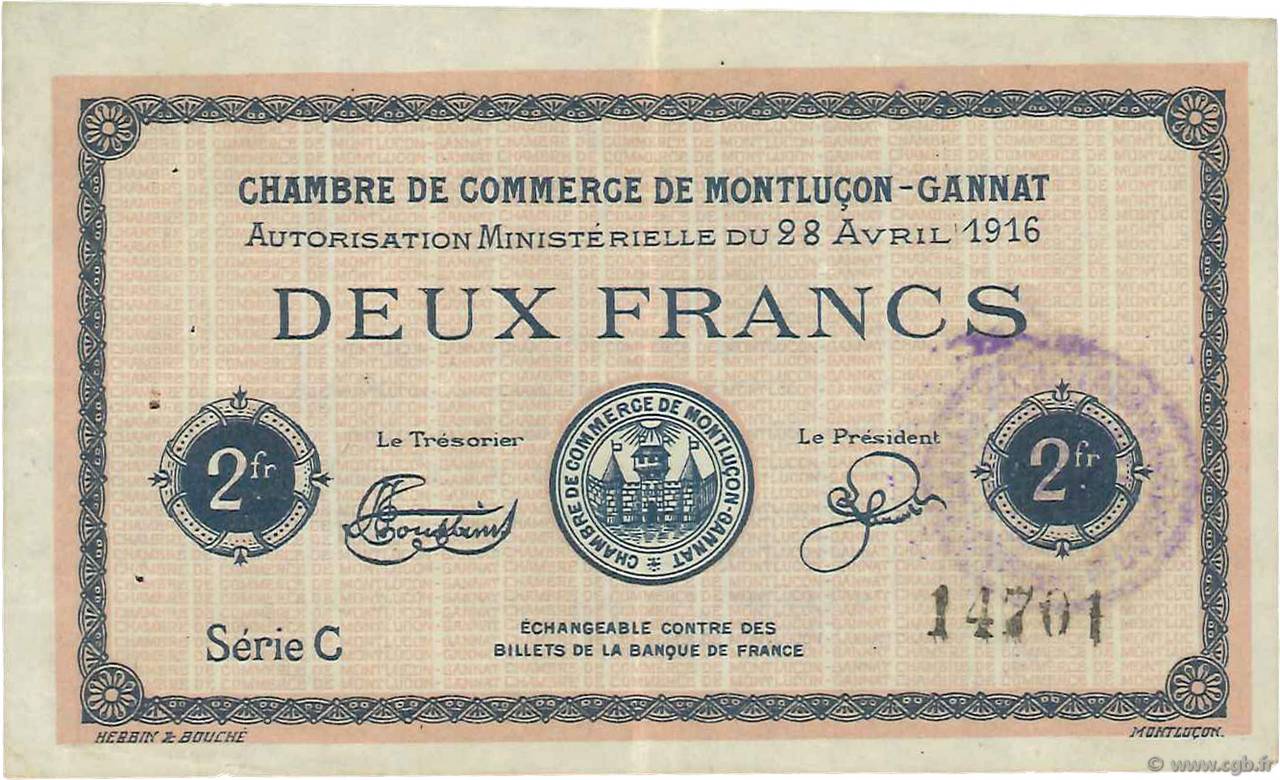 2 Francs FRANCE Regionalismus und verschiedenen Montluçon, Gannat 1916 JP.084.26 SS