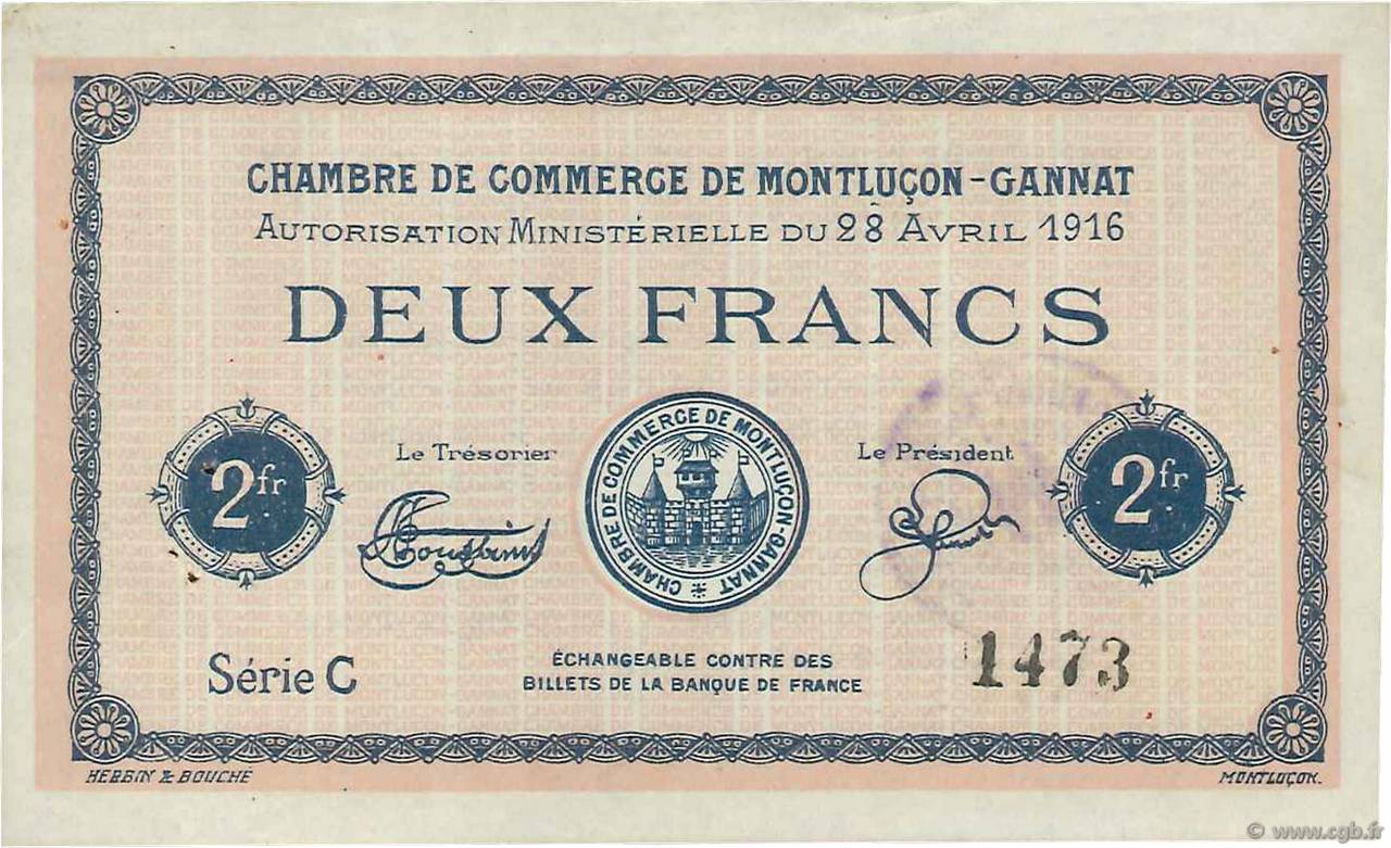 2 Francs FRANCE regionalismo y varios Montluçon, Gannat 1916 JP.084.26 MBC+