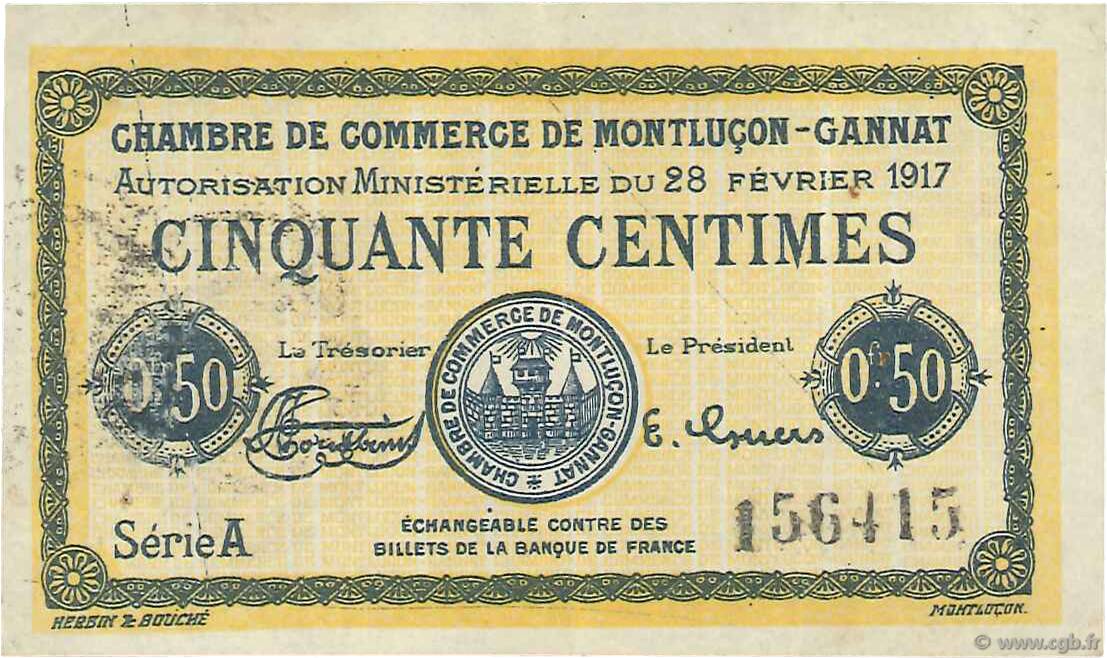 50 Centimes FRANCE regionalism and miscellaneous Montluçon, Gannat 1917 JP.084.28 VF