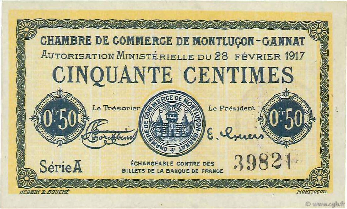 50 Centimes FRANCE regionalismo e varie Montluçon, Gannat 1917 JP.084.28 q.FDC