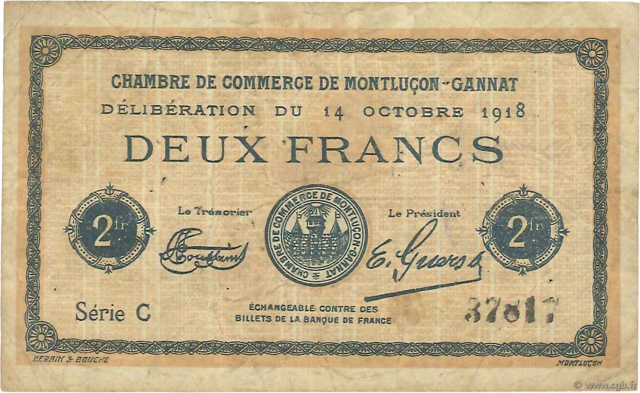 2 Francs FRANCE regionalismo e varie Montluçon, Gannat 1918 JP.084.44 MB