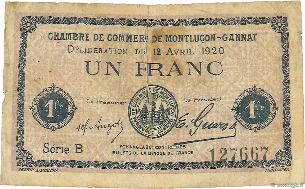 1 Franc FRANCE Regionalismus und verschiedenen Montluçon, Gannat 1920 JP.084.52 SGE