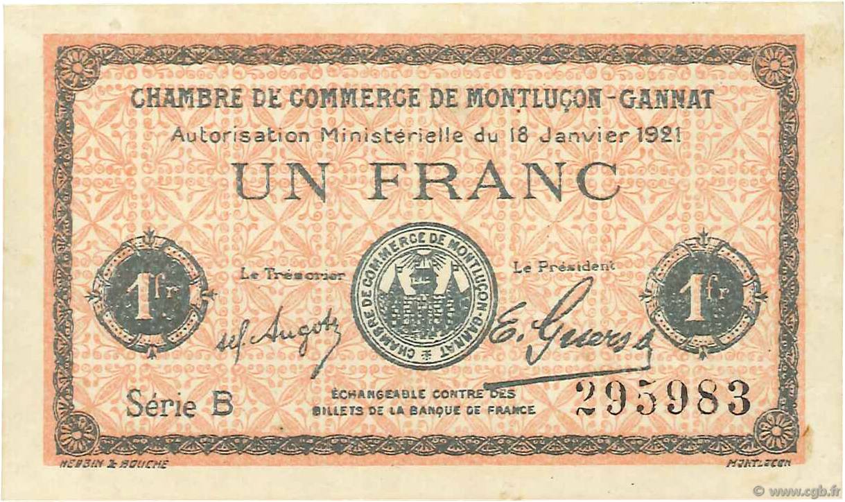 1 Franc FRANCE Regionalismus und verschiedenen Montluçon, Gannat 1921 JP.084.58 VZ+