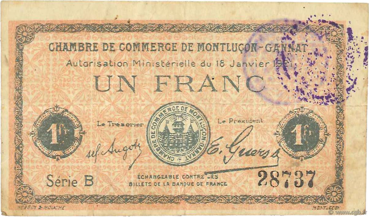 1 Franc FRANCE regionalism and miscellaneous Montluçon, Gannat 1921 JP.084.58 F