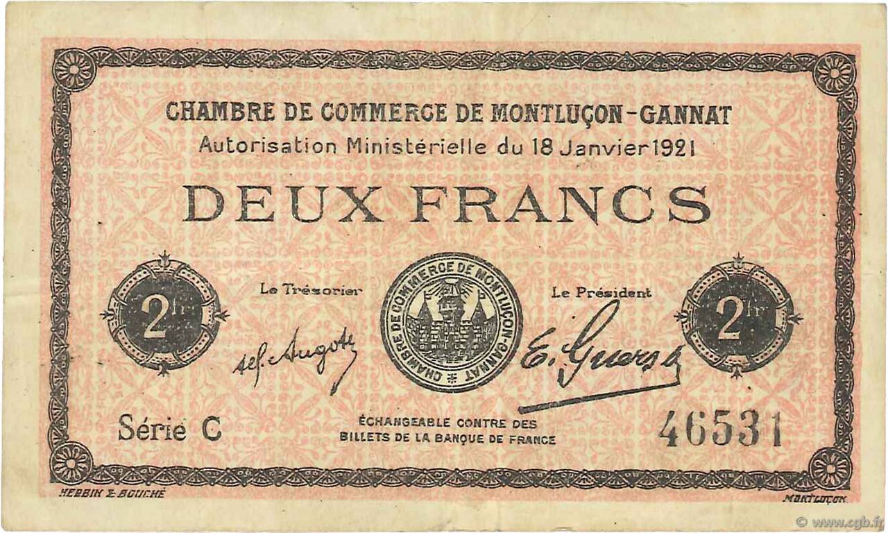 2 Francs FRANCE regionalism and miscellaneous Montluçon, Gannat 1921 JP.084.59 F