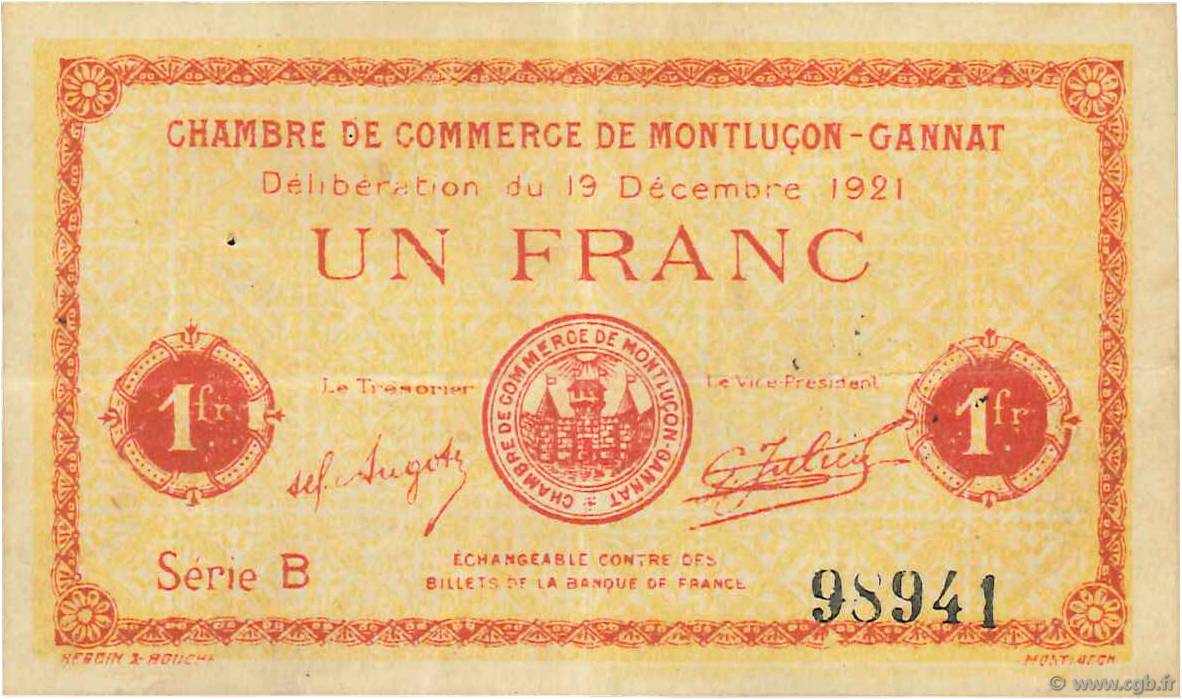 1 Franc FRANCE régionalisme et divers Montluçon, Gannat 1921 JP.084.63 TTB