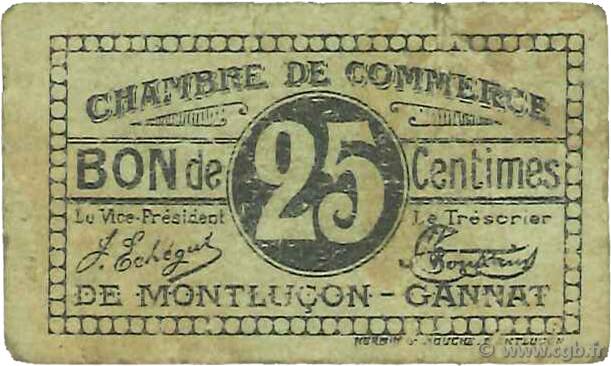 25 Centimes FRANCE regionalismo y varios Montluçon, Gannat 1918 JP.084.71 BC
