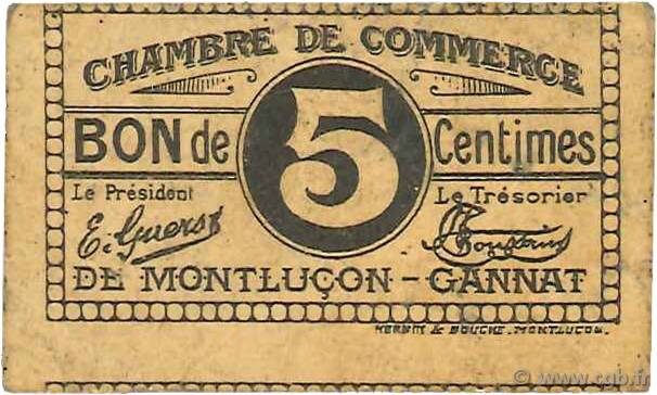 5 Centimes FRANCE regionalism and various Montluçon, Gannat 1918 JP.084.72 F