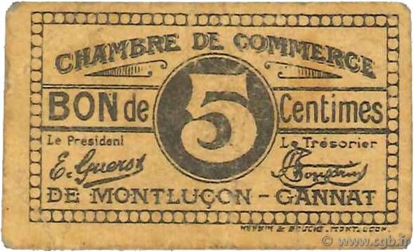 5 Centimes FRANCE regionalism and miscellaneous Montluçon, Gannat 1918 JP.084.72 F