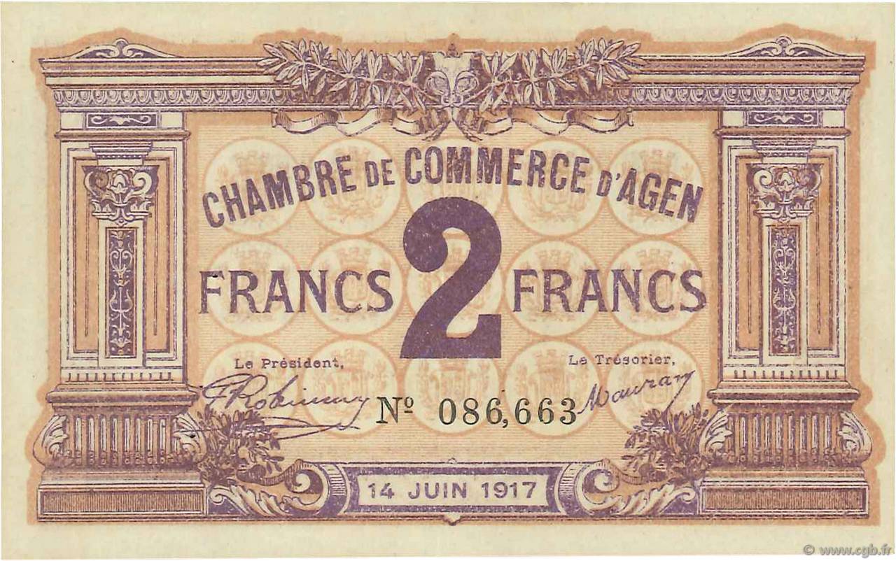 2 Francs FRANCE regionalism and miscellaneous Agen 1917 JP.002.11 XF-