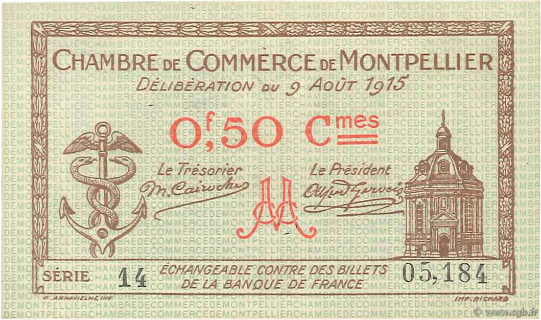 50 Centimes FRANCE regionalism and miscellaneous Montpellier 1915 JP.085.01 VF+