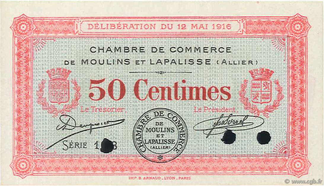 50 Centimes Spécimen FRANCE regionalism and miscellaneous Moulins et Lapalisse 1916 JP.086.02 UNC