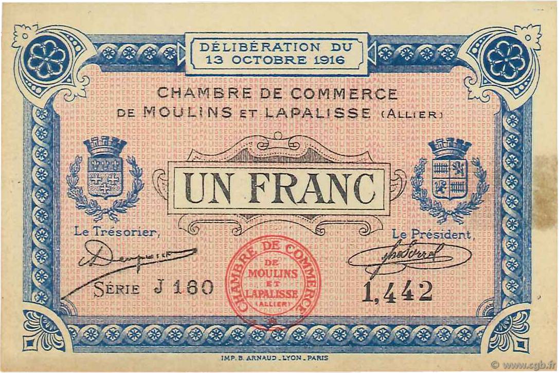 1 Franc FRANCE regionalism and various Moulins et Lapalisse 1916 JP.086.09 VF+