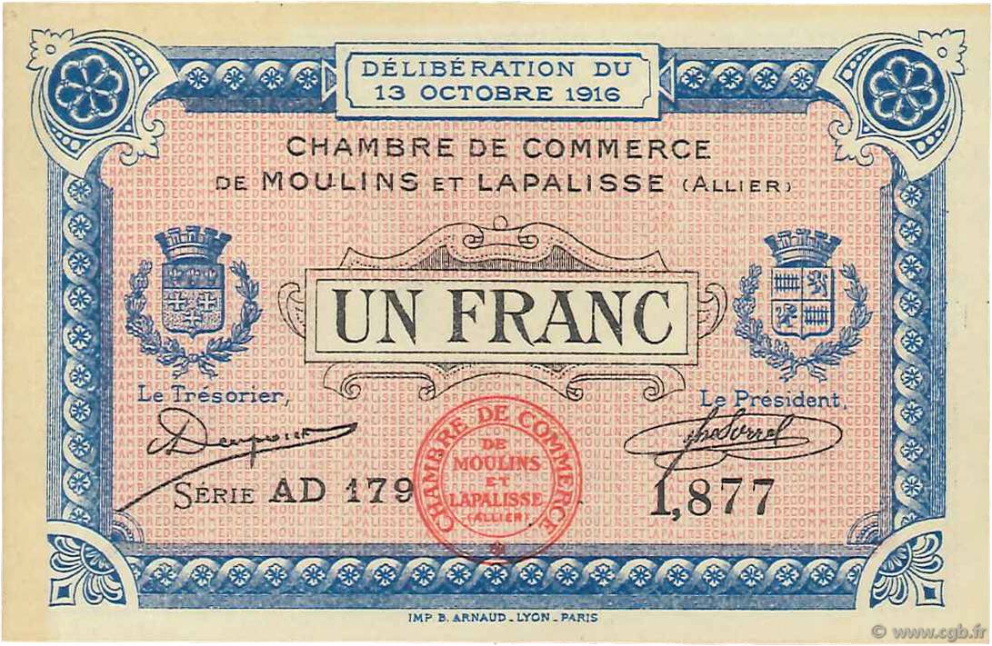 1 Franc FRANCE regionalism and various Moulins et Lapalisse 1916 JP.086.09 XF+