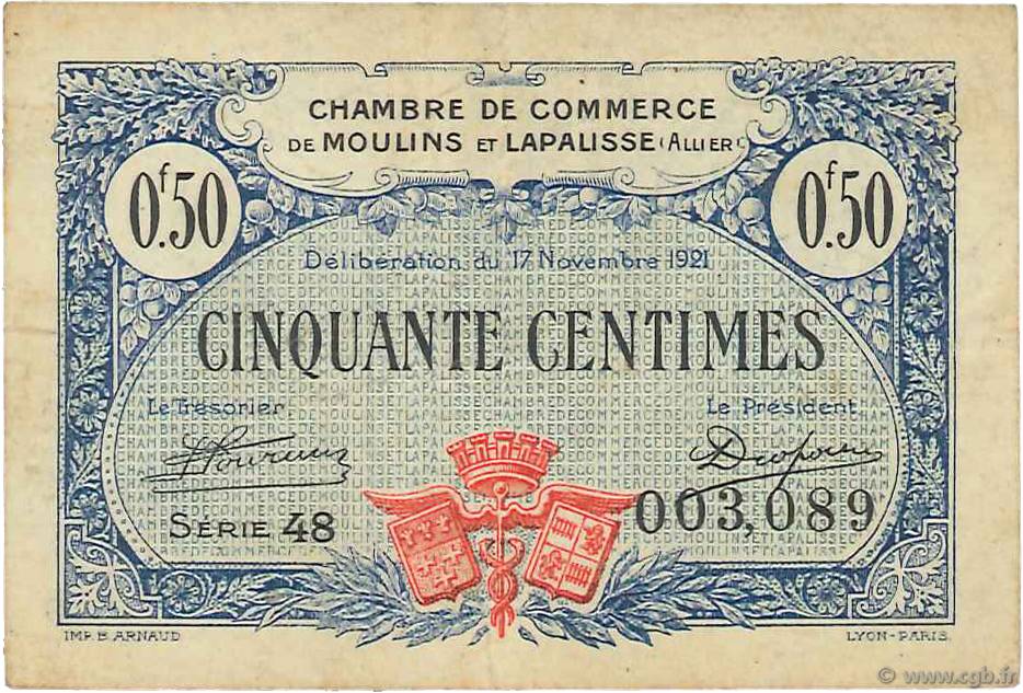 50 Centimes FRANCE regionalism and various Moulins et Lapalisse 1921 JP.086.22 F