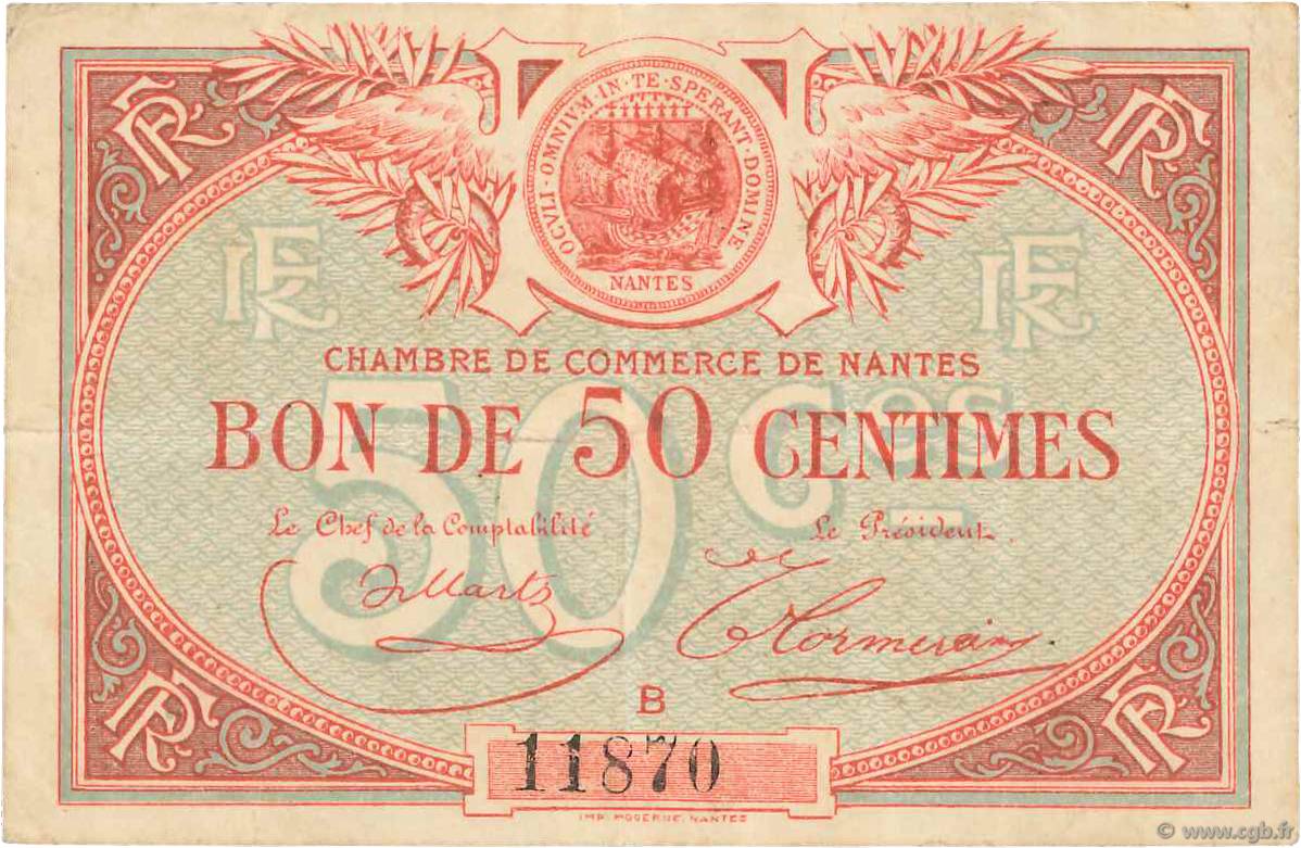 50 Centimes FRANCE regionalism and miscellaneous Nantes 1918 JP.088.03 F+