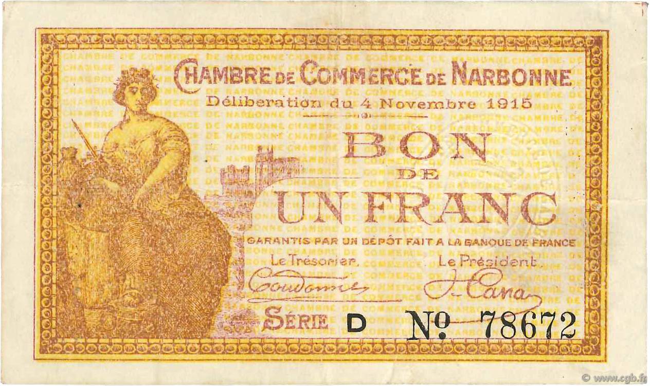 1 Franc FRANCE régionalisme et divers Narbonne 1915 JP.089.06 TB+