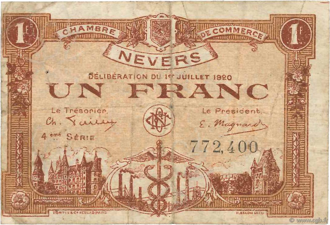 1 Franc FRANCE regionalismo y varios Nevers 1920 JP.090.19 RC+
