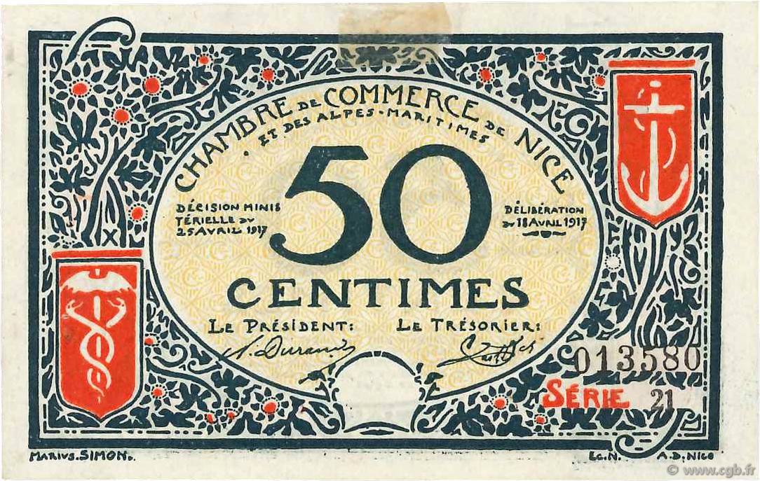 50 Centimes FRANCE regionalism and various Nice 1917 JP.091.04 VF