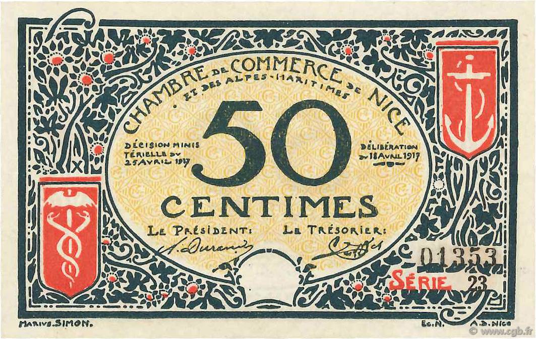 50 Centimes FRANCE Regionalismus und verschiedenen Nice 1917 JP.091.04 fST+