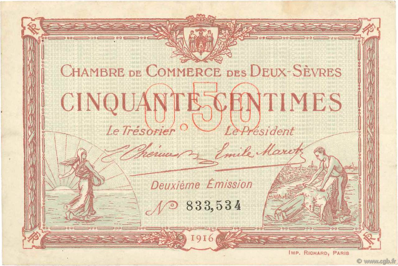 50 Centimes FRANCE Regionalismus und verschiedenen Niort 1916 JP.093.06 S