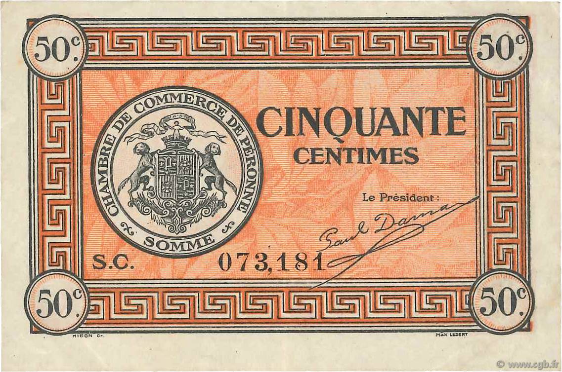 50 Centimes FRANCE Regionalismus und verschiedenen Péronne 1920 JP.099.01 SS