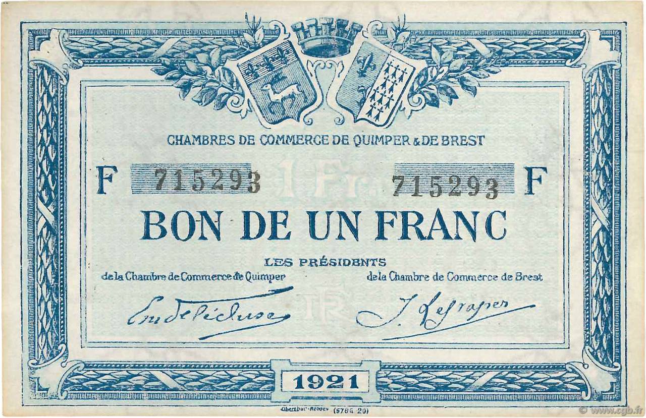 1 Franc FRANCE regionalism and miscellaneous Quimper et Brest 1921 JP.104.20 XF-