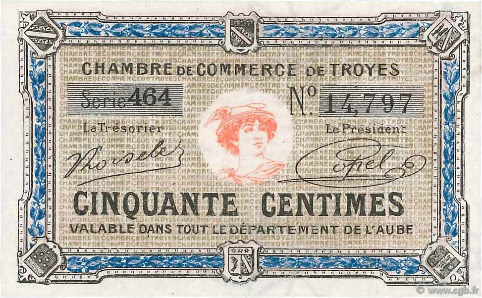 50 Centimes FRANCE Regionalismus und verschiedenen Troyes 1918 JP.124.13 fST+