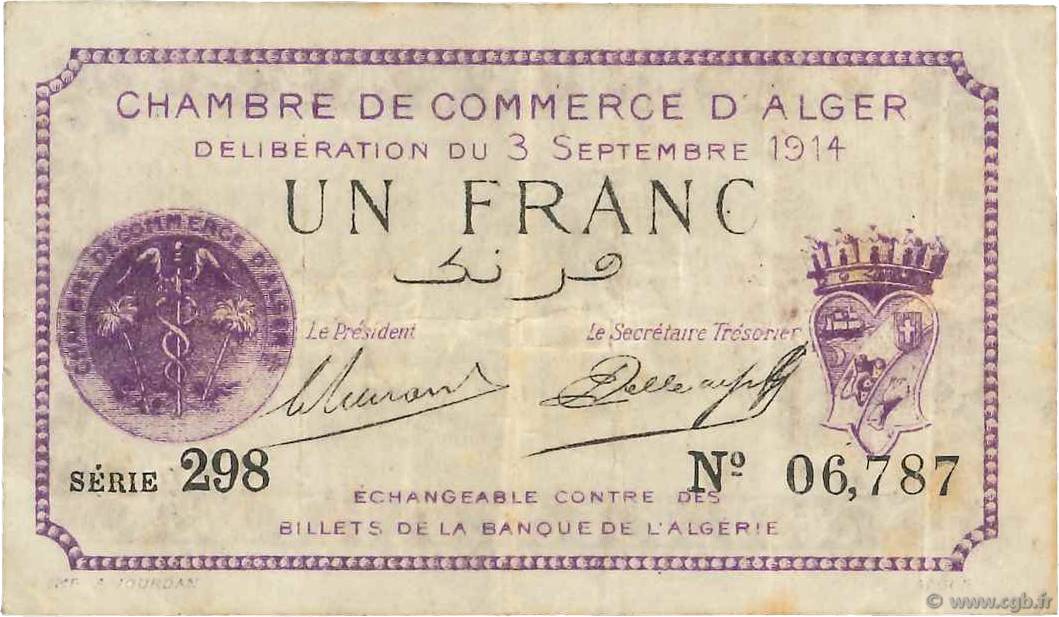 1 Franc FRANCE Regionalismus und verschiedenen Alger 1914 JP.137.01 fSS