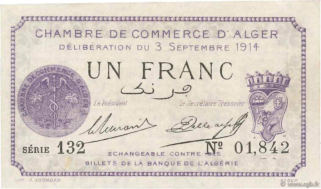 1 Franc FRANCE regionalismo e varie Alger 1914 JP.137.01 q.AU