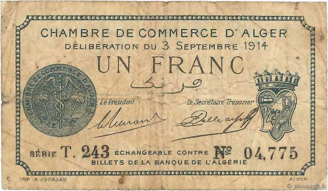 1 Franc FRANCE regionalismo y varios Alger 1914 JP.137.04 RC+