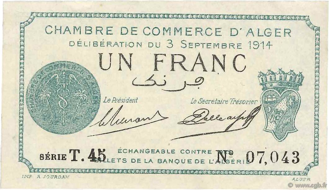 1 Franc FRANCE regionalism and miscellaneous Alger 1914 JP.137.04 XF+