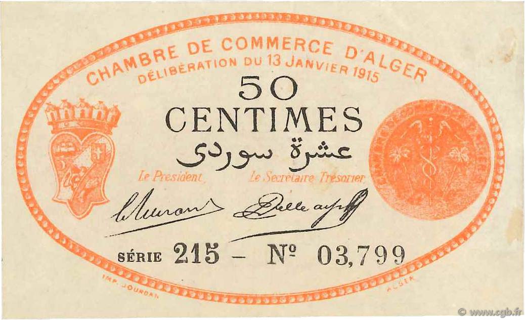 50 Centimes FRANCE regionalism and miscellaneous Alger 1915 JP.137.05 VF+
