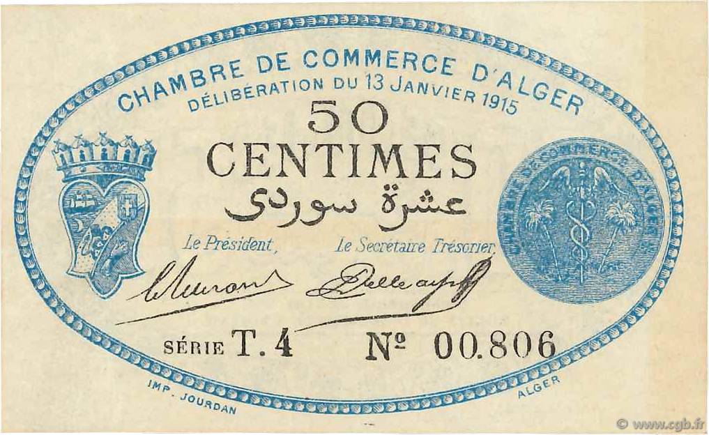 50 Centimes FRANCE regionalism and various Alger 1915 JP.137.08 VF+