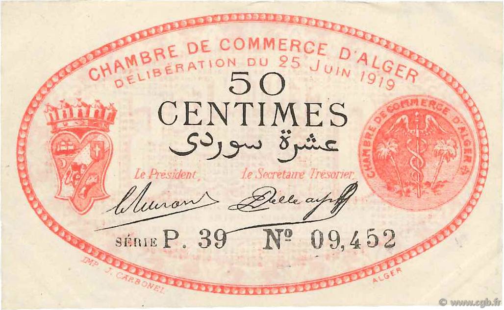 50 Centimes FRANCE regionalismo e varie Alger 1919 JP.137.11 q.SPL
