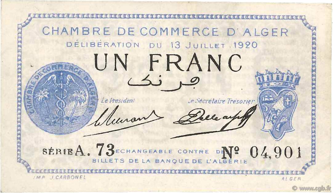 1 Franc FRANCE regionalismo y varios Alger 1920 JP.137.14 MBC